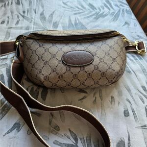 Brown Crossbody Bag with Monogram Print and Adjustable Strap